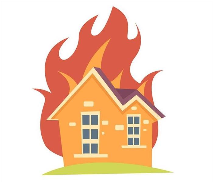 A cartoon home is on fire