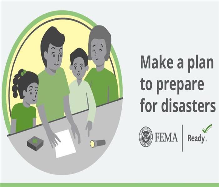 A cartoon family gathers around a piece of paper, a flashlight and first aid kit to plan their emergency prep plan